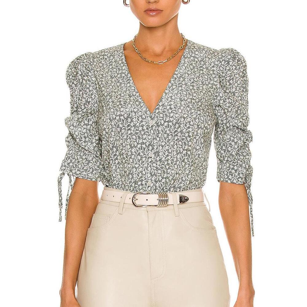 VERONICA BEARD | SZ 4 | Y2K Boho Green Floral Silk Ruched-Sleeve Top Blouse $398 - Picture 3 of 11